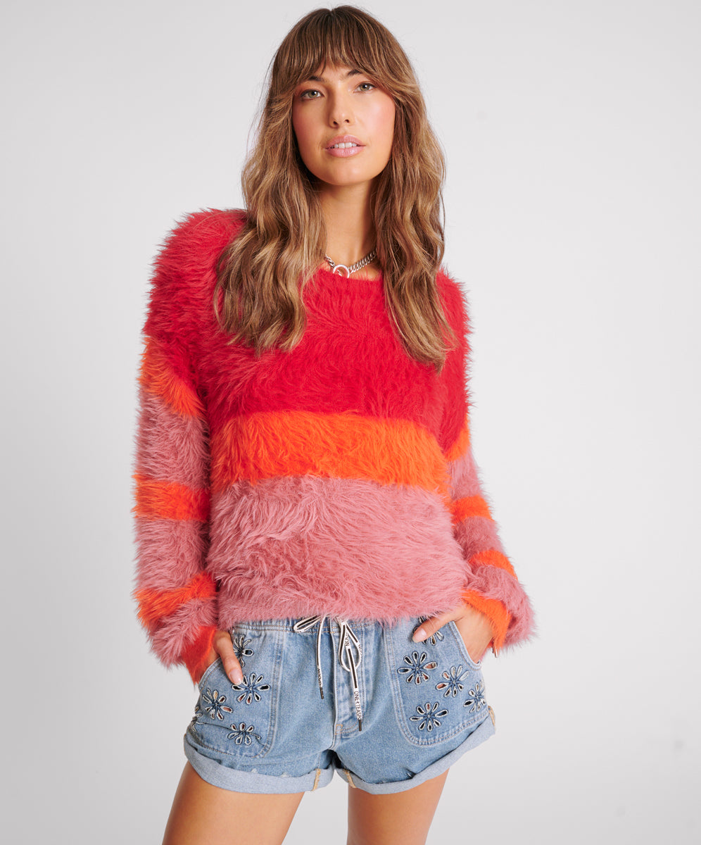 Women's Outerwear Fluffy Colour Block Sweater - Sunset