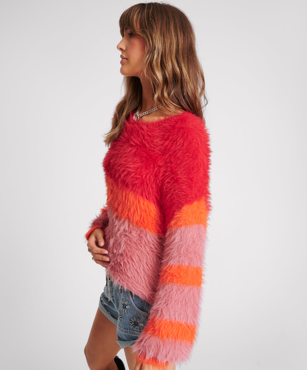 Women's Outerwear Fluffy Colour Block Sweater - Sunset