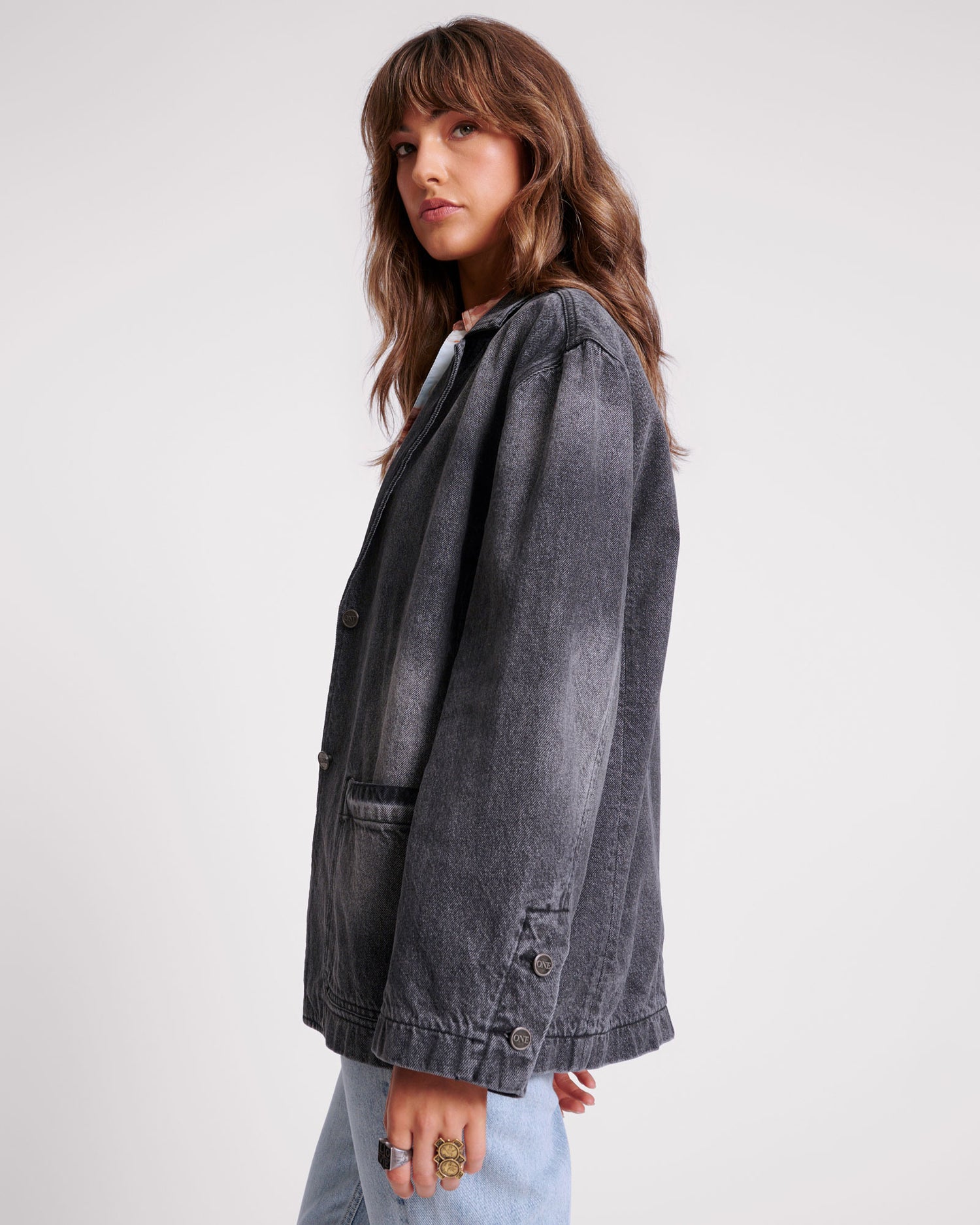 Full Price Denim Boyfriend Blazer - Worn Black
