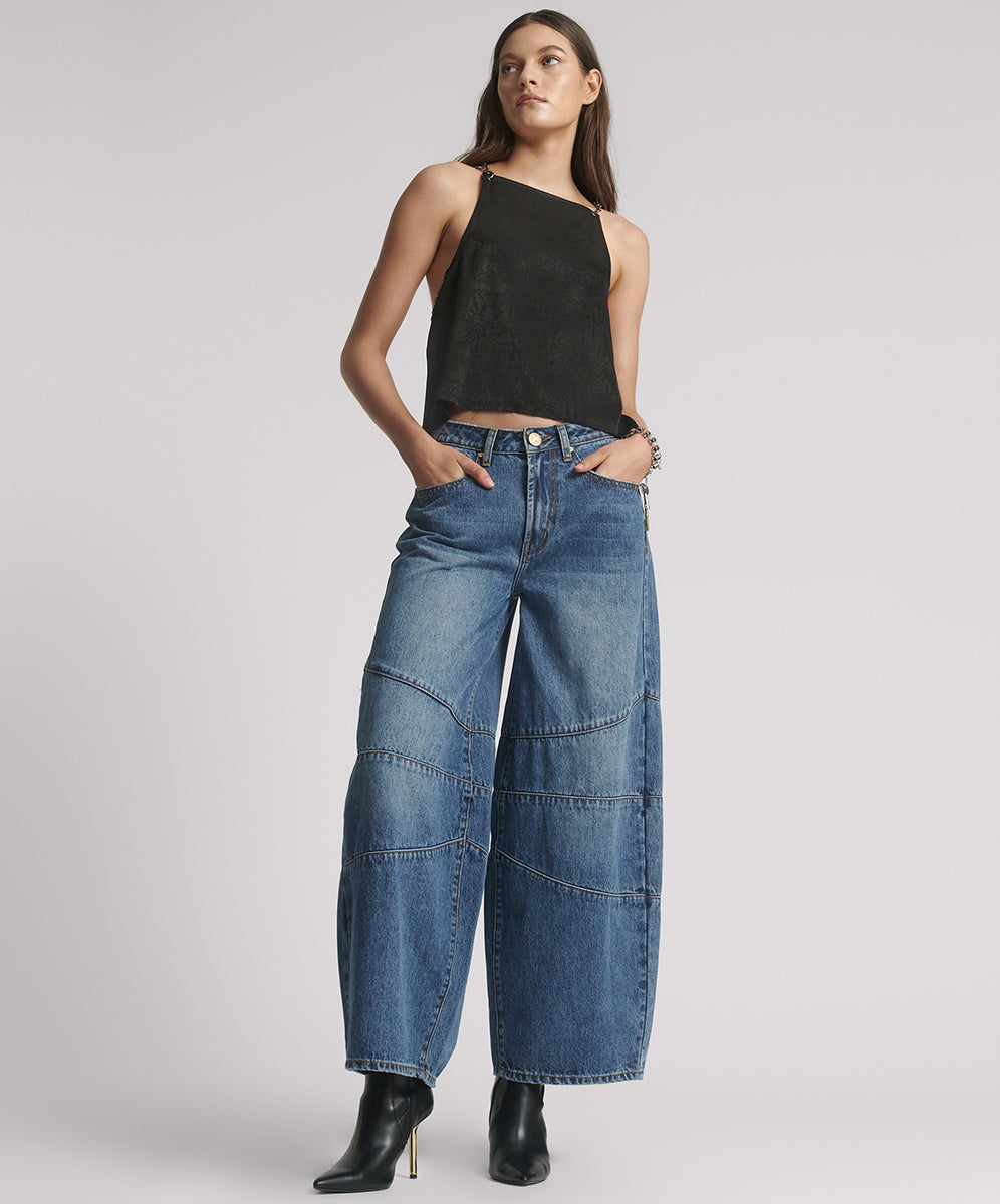 Last Stock Barrel Mid Waist Wide Leg Denim Jeans - Dirty Blue Love