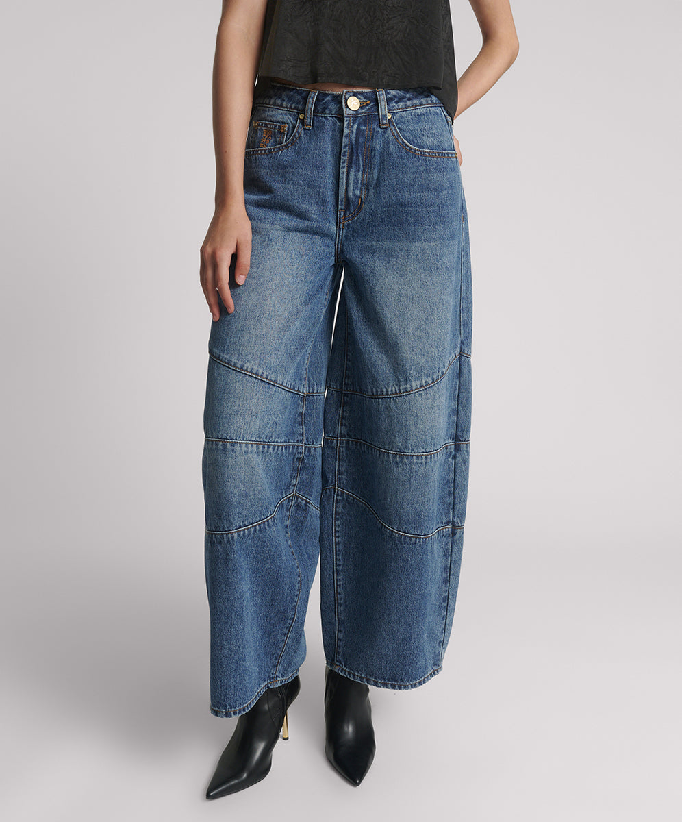 Last Stock Barrel Mid Waist Wide Leg Denim Jeans - Dirty Blue Love