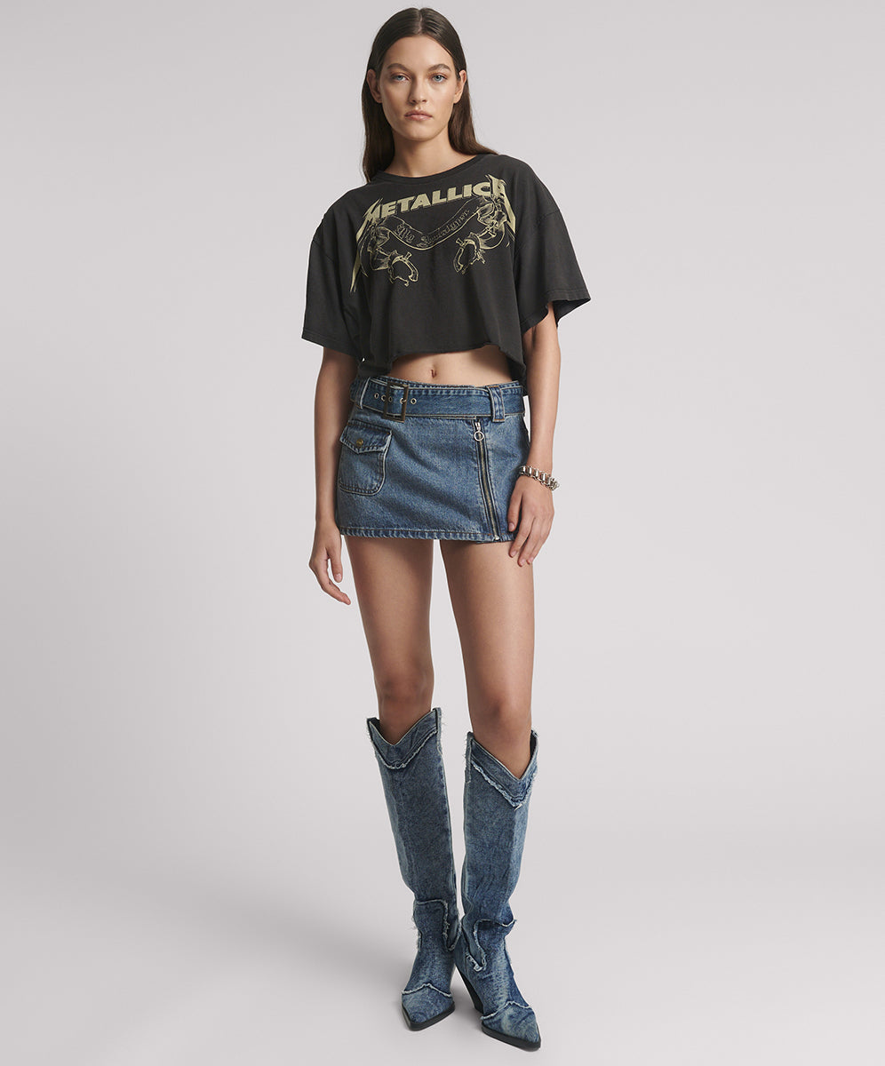 Dirty Blue Denim Moto Belted Zipper Mini Denim Skirt - Dirty Blue Love