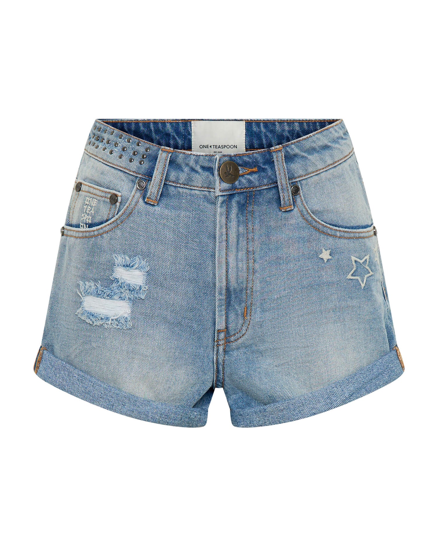 Last Stock Bandits High Waist Studded Denim Shorts - Blue Malt