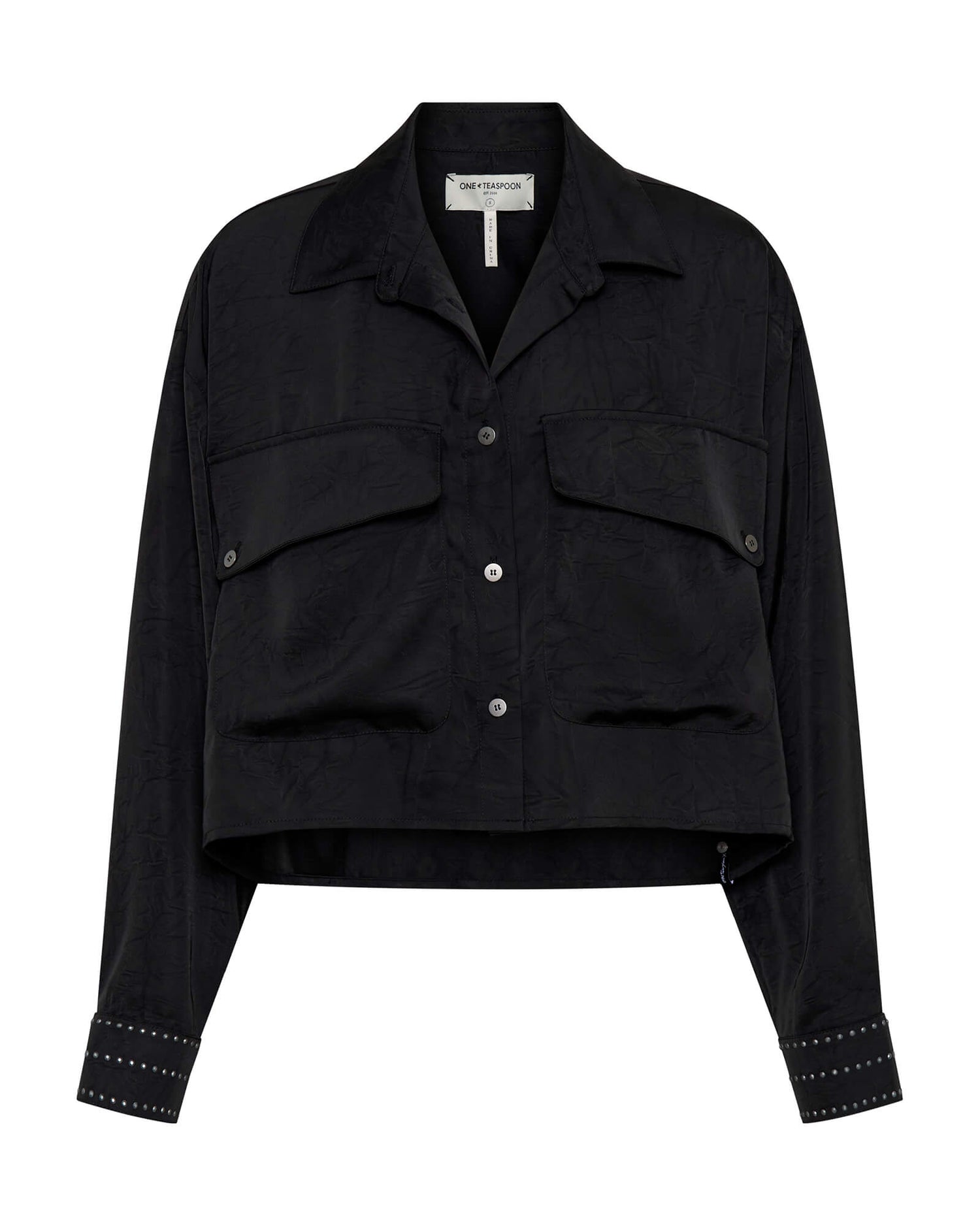 Last Stock Crushed Satin Oversized Pocket Cropped Shirt - Black