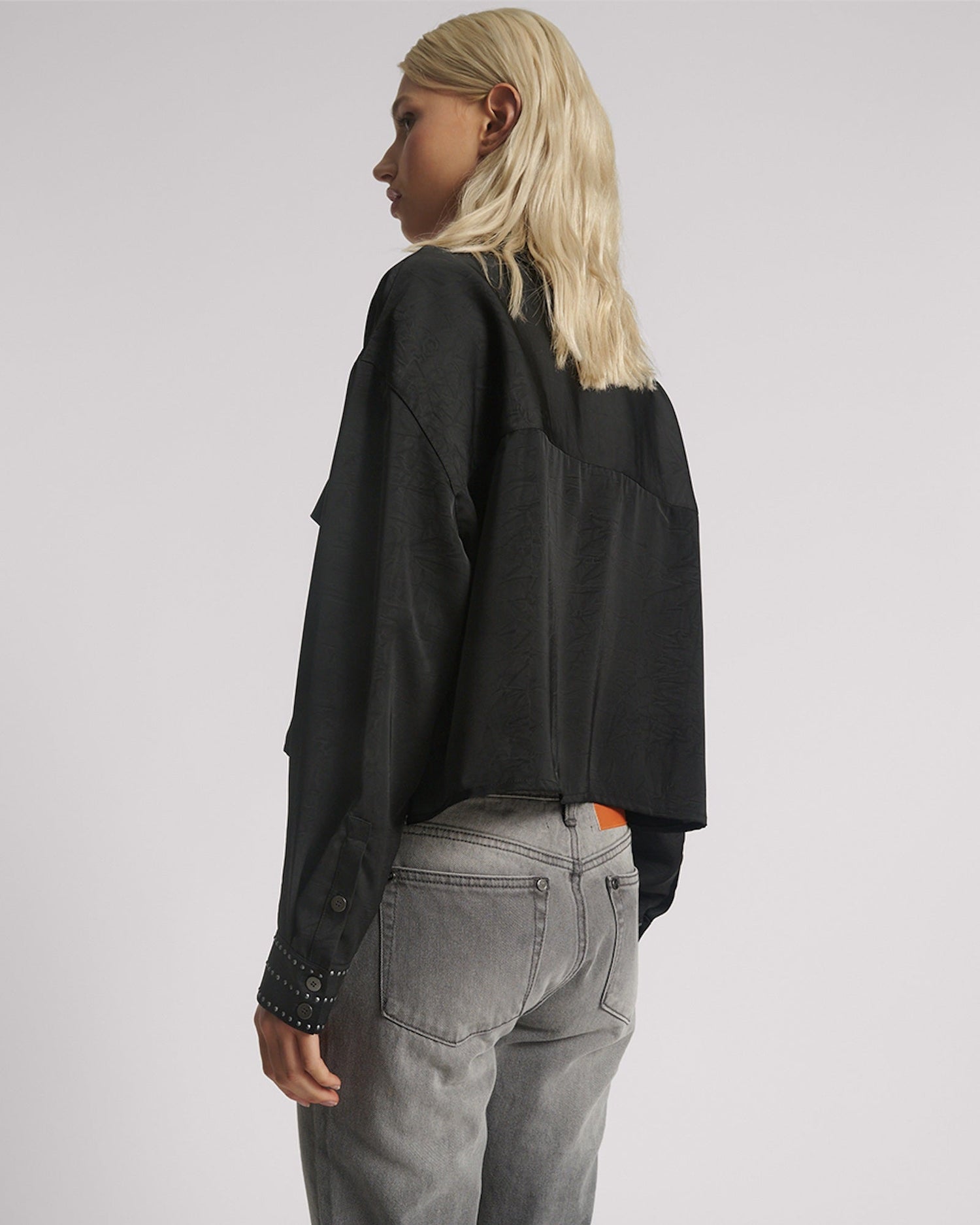 Last Stock Crushed Satin Oversized Pocket Cropped Shirt - Black