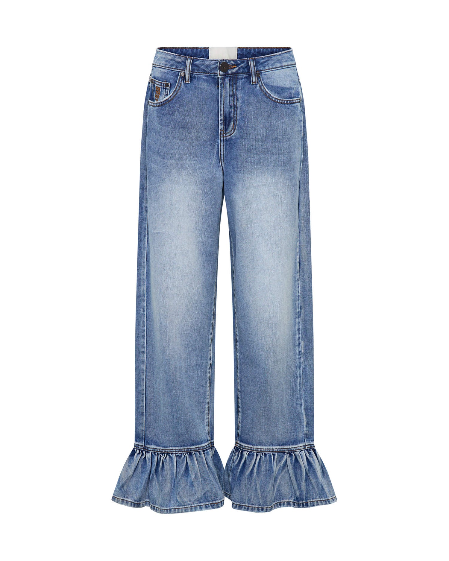 Last Stock Big Loves Mid Waist Wide Leg Frilled Denim Jeans - Blue Summer