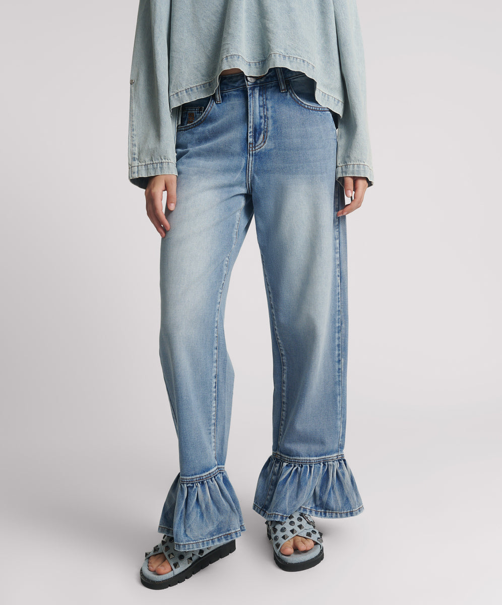 Last Stock Big Loves Mid Waist Wide Leg Frilled Denim Jeans - Blue Summer