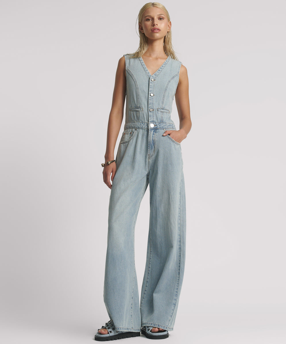 Dirty Blue Denim Love Machines Sleeveless Wide Leg Fitted Denim Jumpsuit - Soft Blue