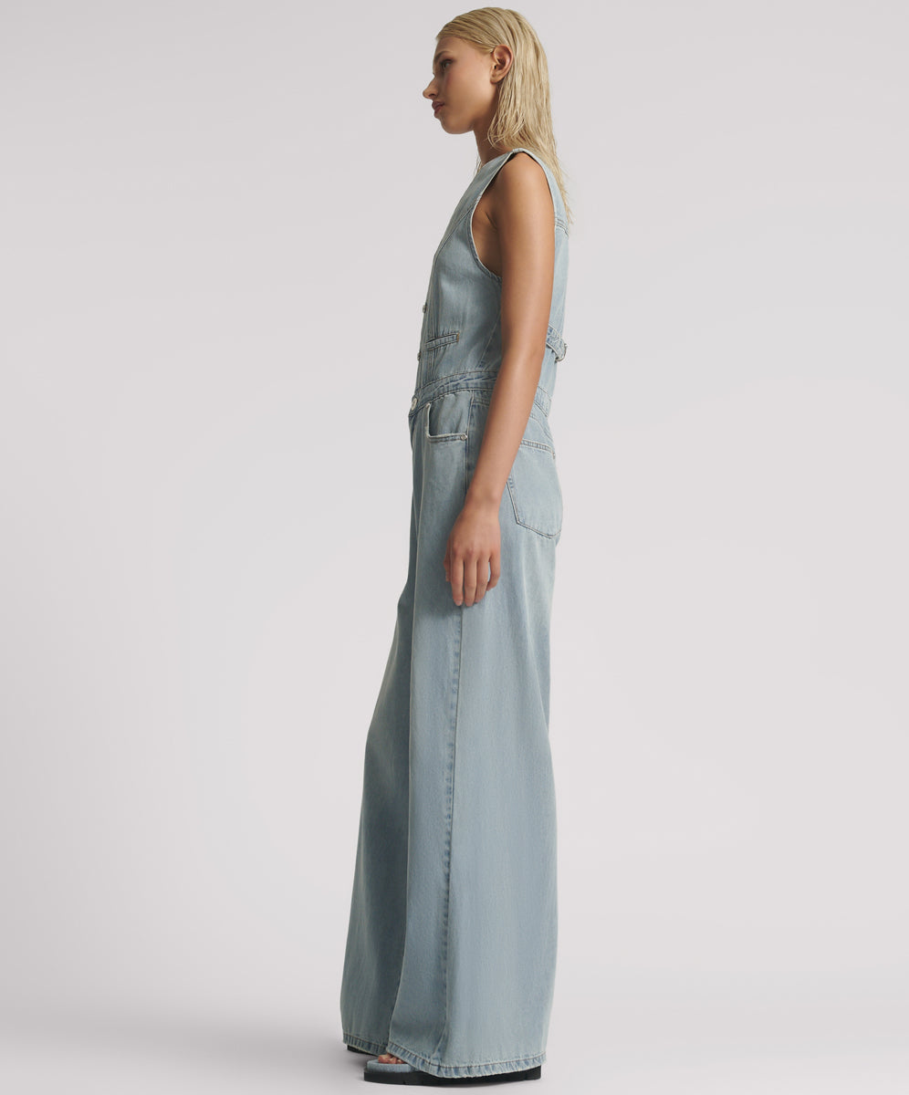 Dirty Blue Denim Love Machines Sleeveless Wide Leg Fitted Denim Jumpsuit - Soft Blue