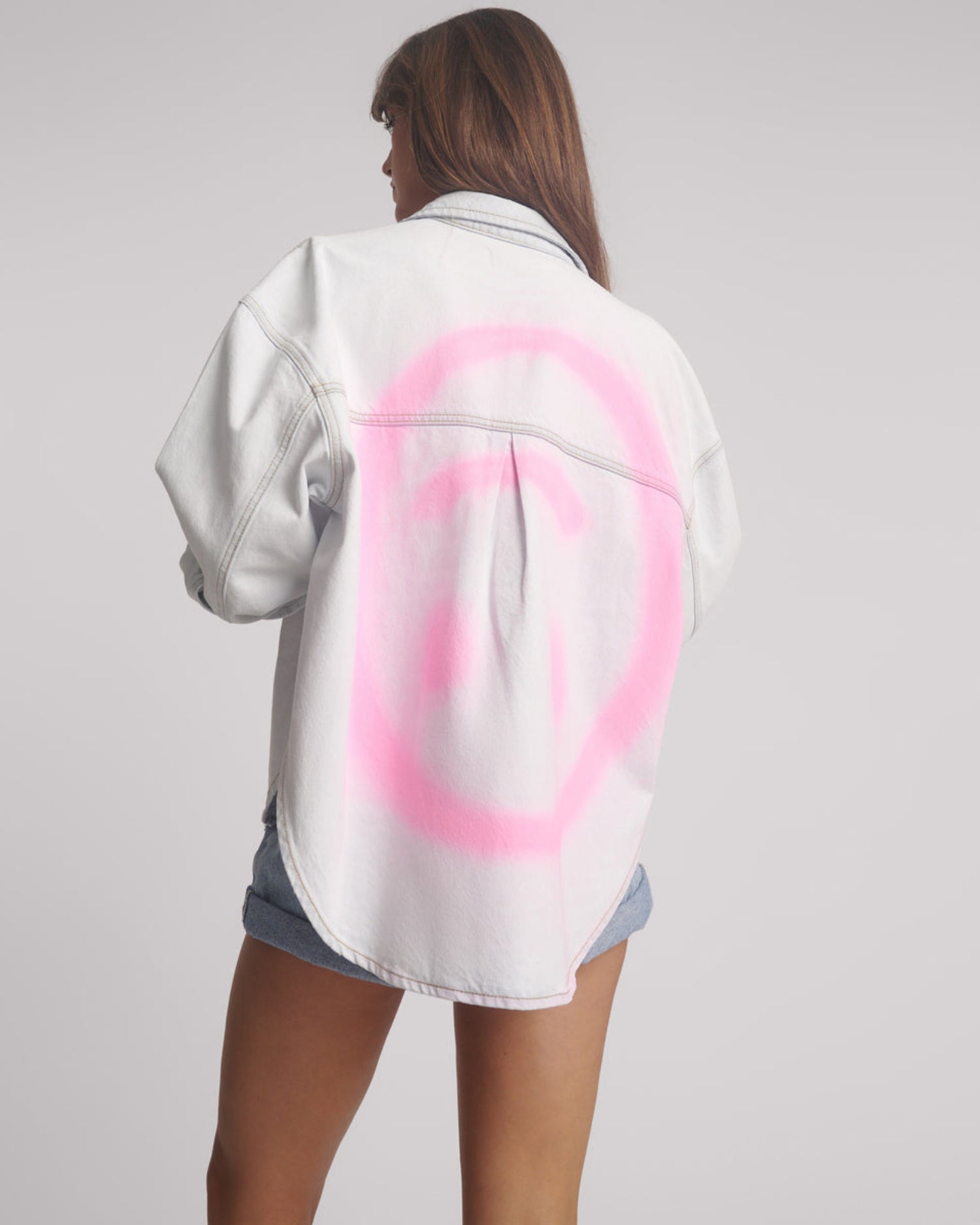 Dirty Blue Denim Hand-Sprayed Smiley Daria Denim Shacket - Bel Air Blue