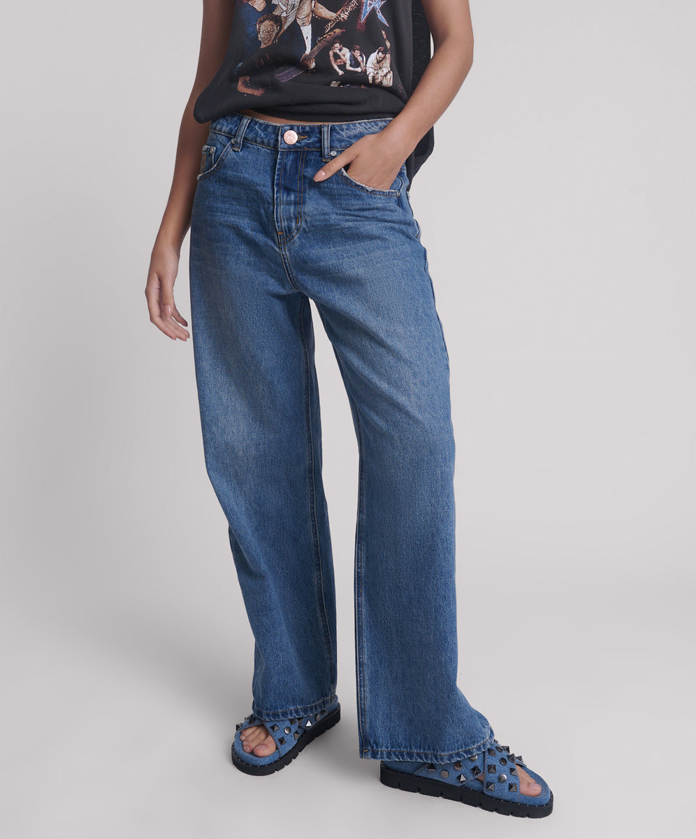 Dirty Blue Denim Baxters Mid Waist Wide Leg Denim Jeans - Blue Love