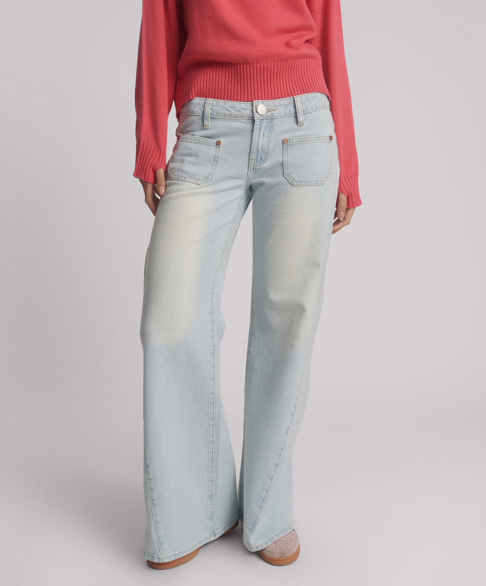Last Stock Johnnies Low Waist Wide Leg Flared Denim Jeans - Le Surf Blue