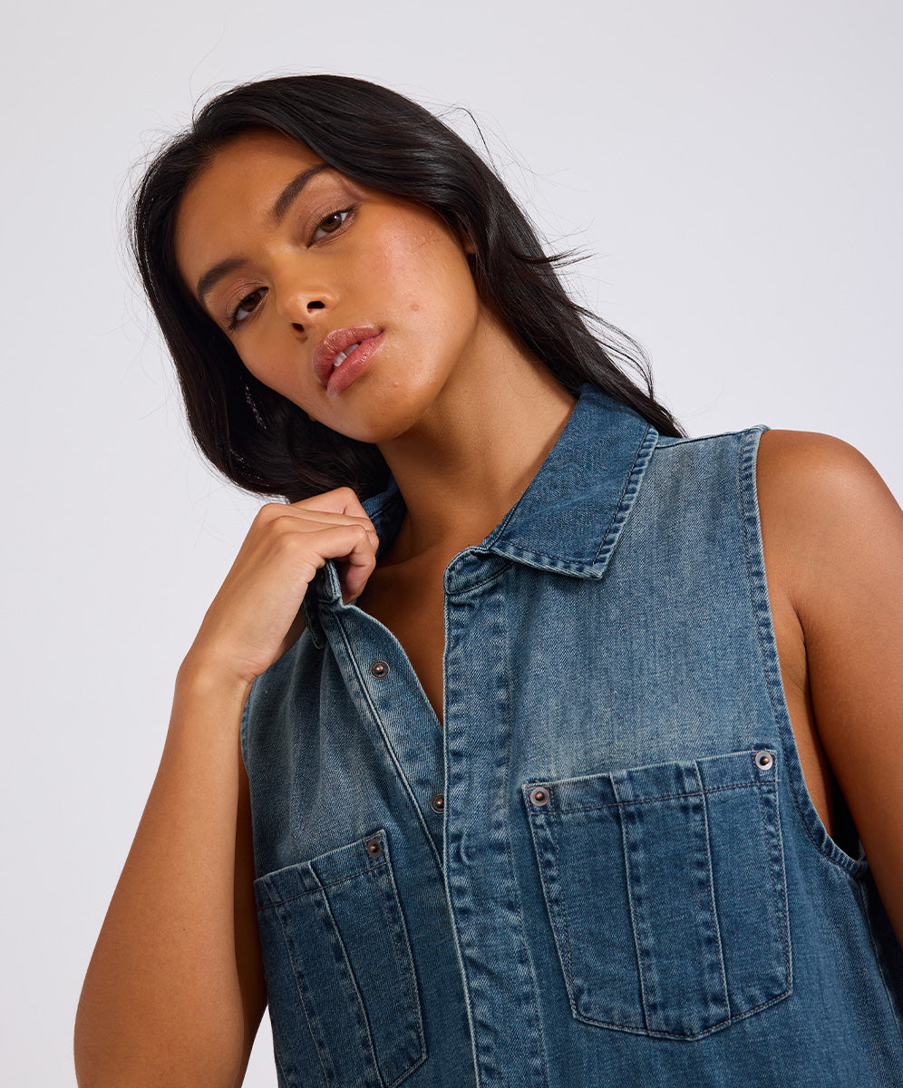 30% Off Select Jumpsuits Braxton Mini Hemp Denim Jumpsuit - Faded Blue