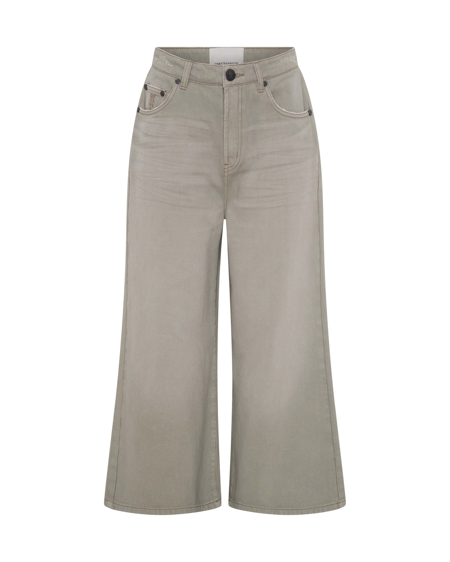 Last Stock Love Machines Mid Waist Super Wide Leg Cropped Denim Jeans - Faded Khaki