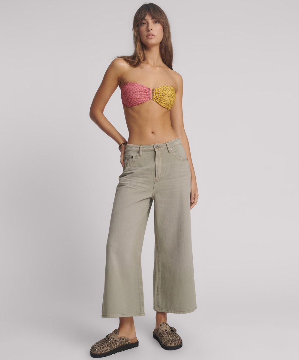 Last Stock Love Machines Mid Waist Super Wide Leg Cropped Denim Jeans - Faded Khaki