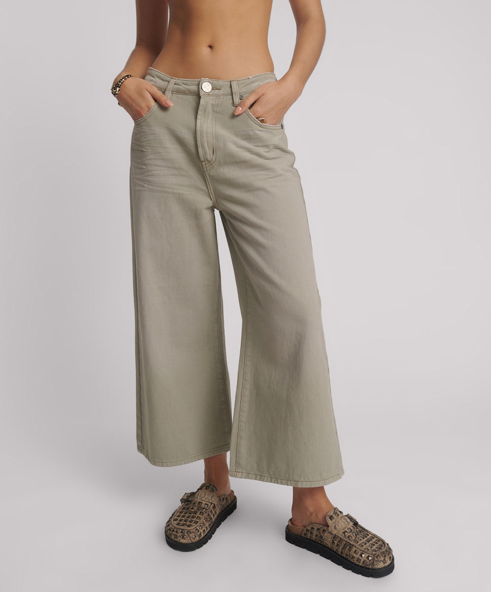 Last Stock Love Machines Mid Waist Super Wide Leg Cropped Denim Jeans - Faded Khaki