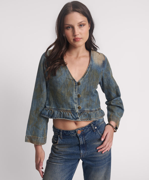 Denim Frill Backless Crop Top - Lucia Blue