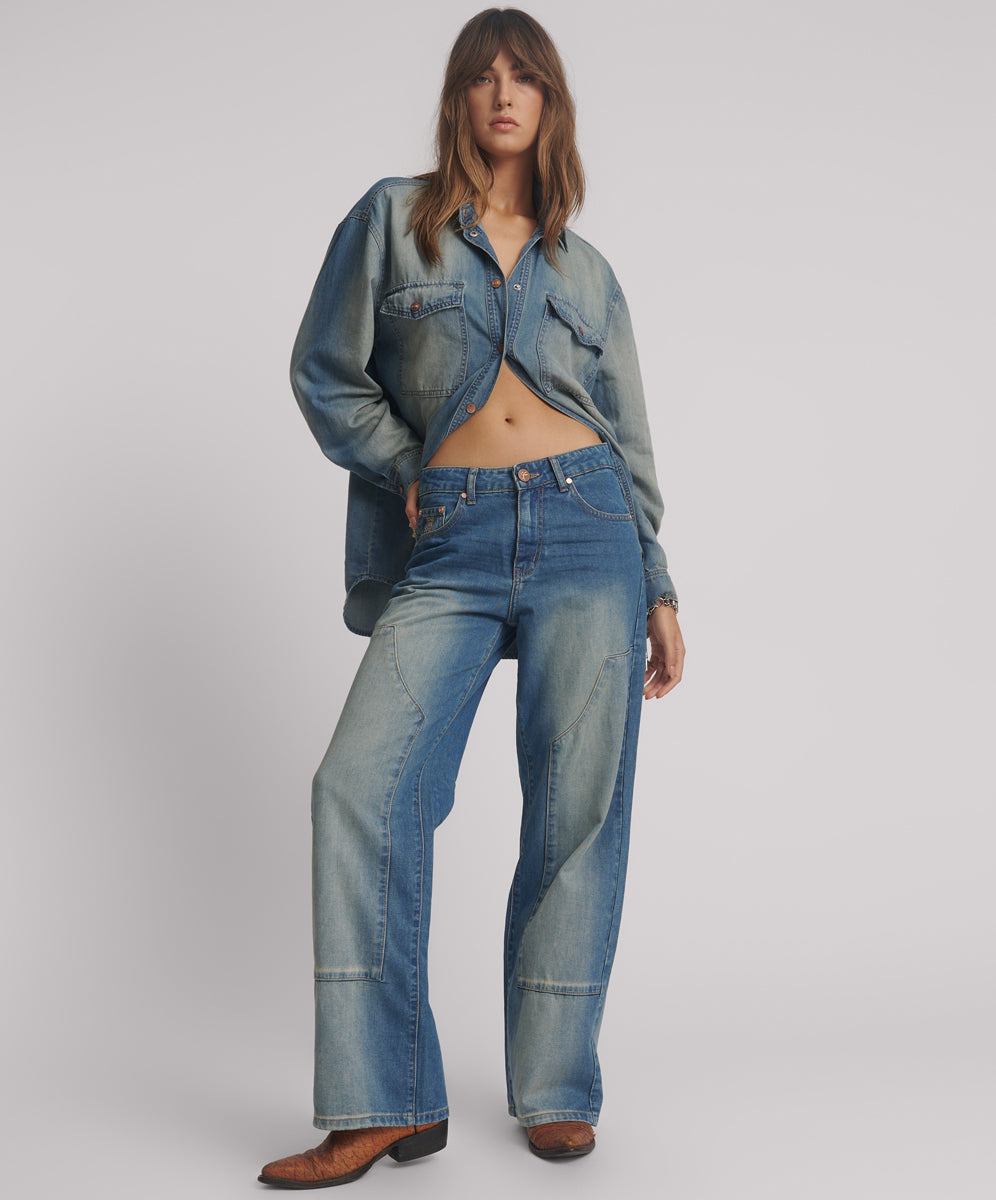 Women's Wide Leg Denim Jeans Jackson Mid Waist Wide Leg Denim Jeans - Blue Ranch