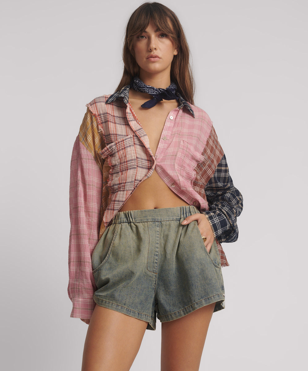 Last Stock Funks High Waist Elasticated Flippy Denim Short - Blue Sand