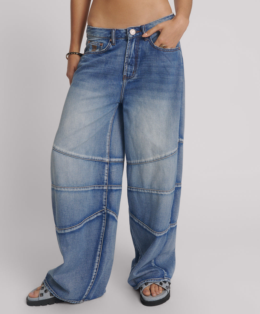 Women's Wide Leg Denim Jeans Barrel Mid Waist Wide Leg Denim Jeans - Blue Summer