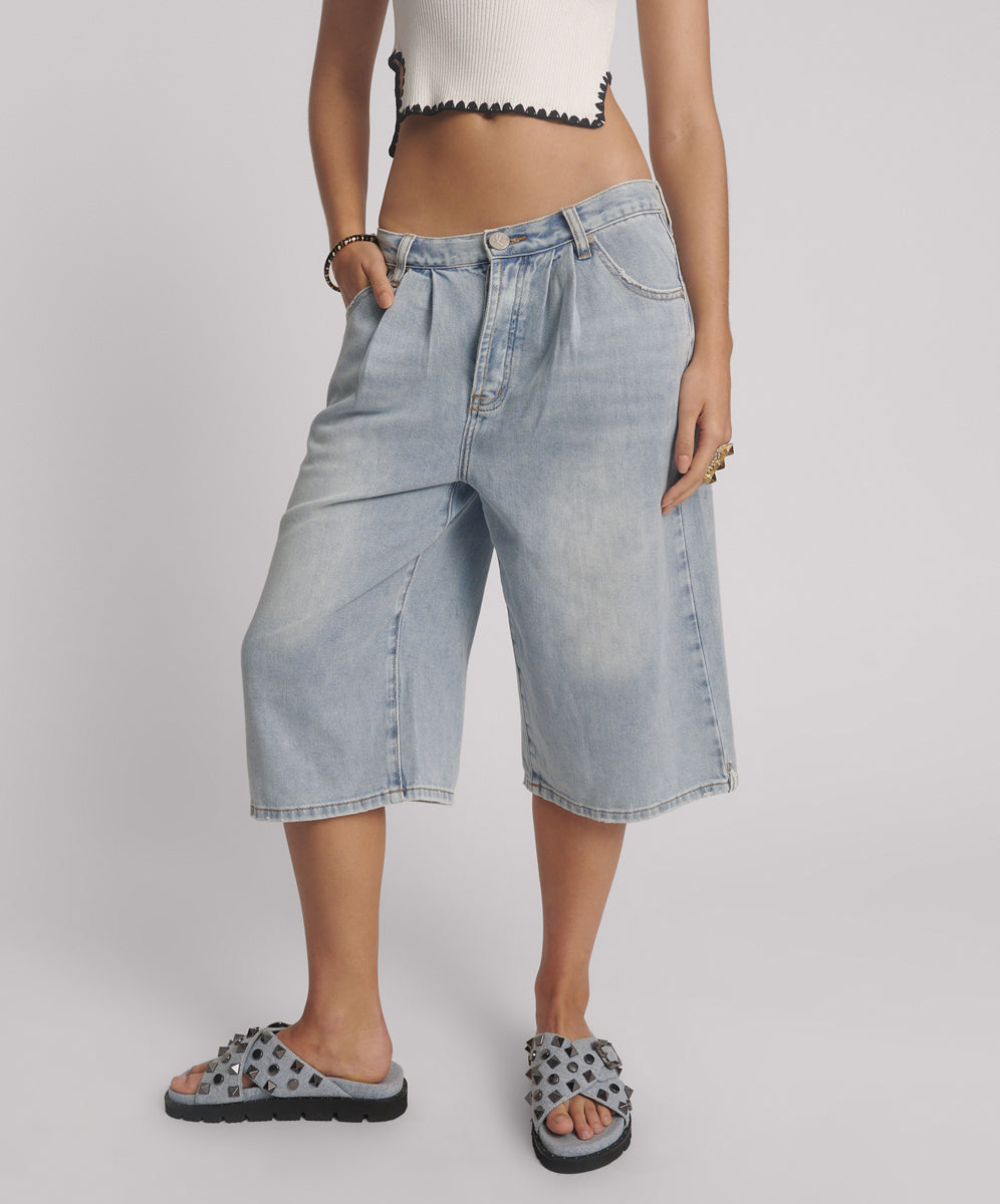 Last Stock Beastie Low Waist Wide Leg Denim Shorts - Soft Blue