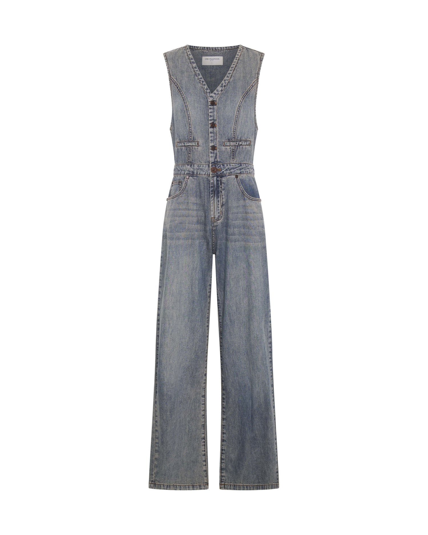 30% Off Select Jumpsuits Love Machine Sleeveless Wide Leg Fitted Denim Jumpsuit - Dirty Blue Love