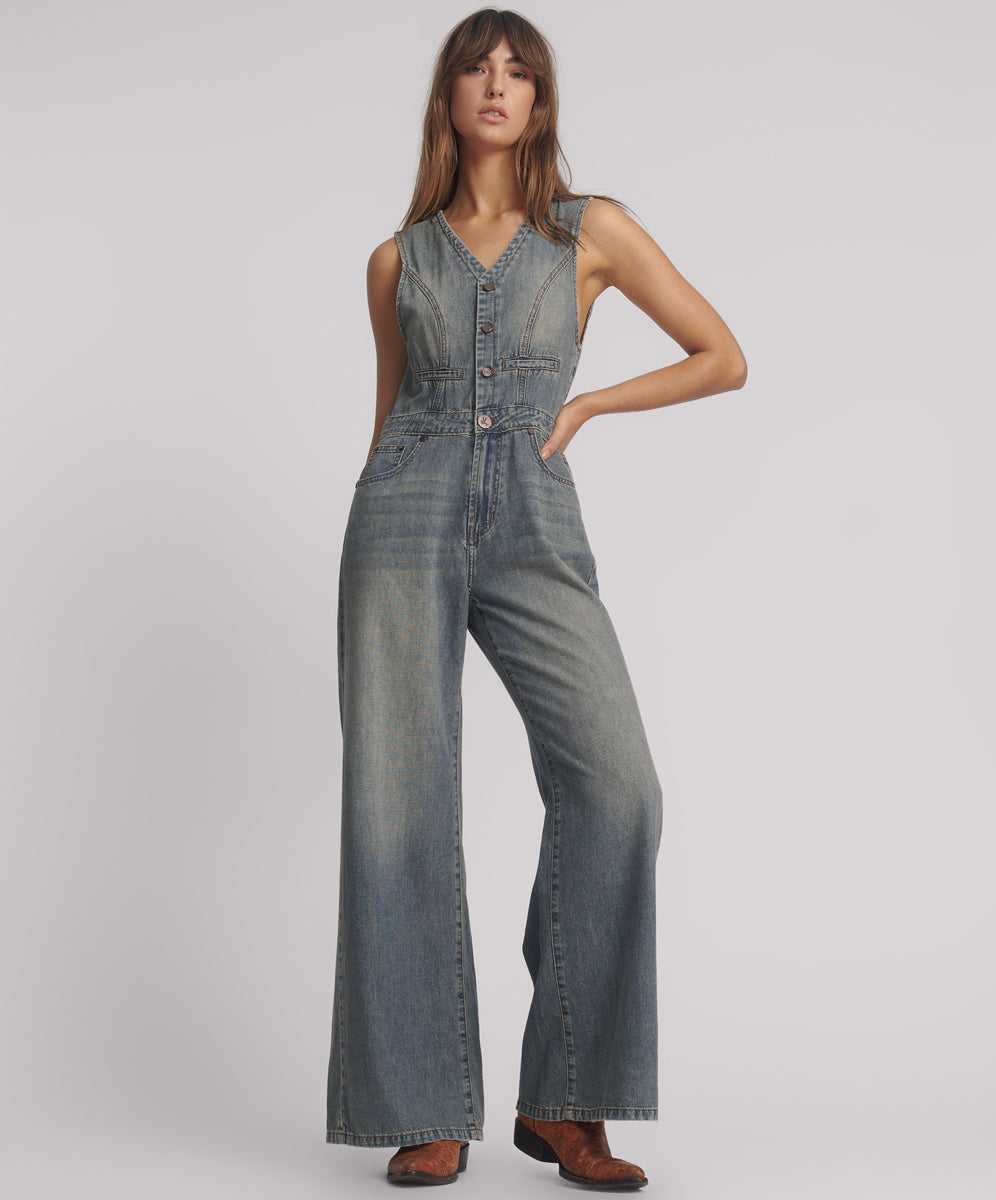 30% Off Select Jumpsuits Love Machine Sleeveless Wide Leg Fitted Denim Jumpsuit - Dirty Blue Love