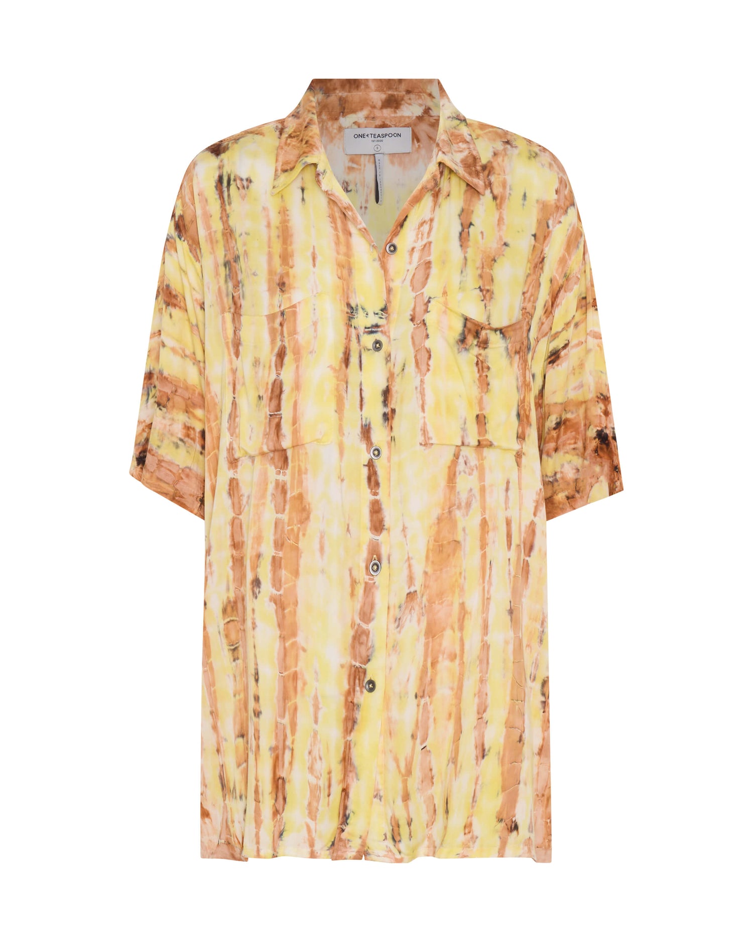 Last Stock Tropical Satin Hand Printed Short Sleeve Shirt - Yellow