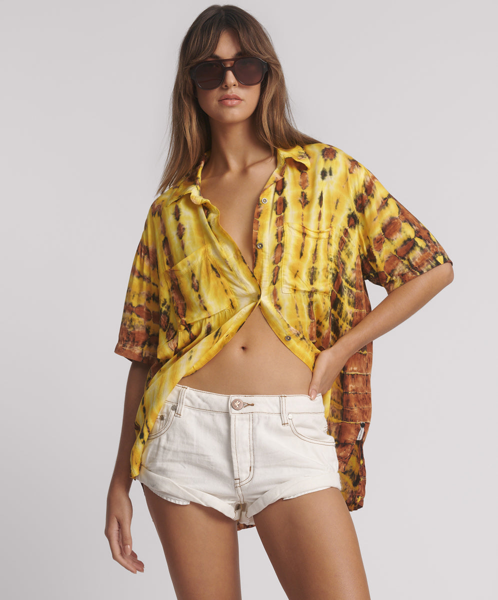 Last Stock Tropical Satin Hand Printed Short Sleeve Shirt - Yellow