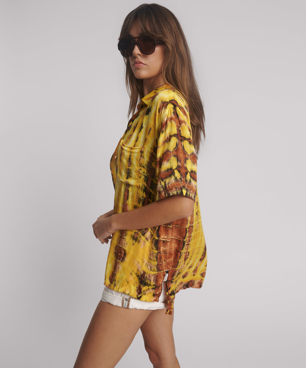 Last Stock Tropical Satin Hand Printed Short Sleeve Shirt - Yellow