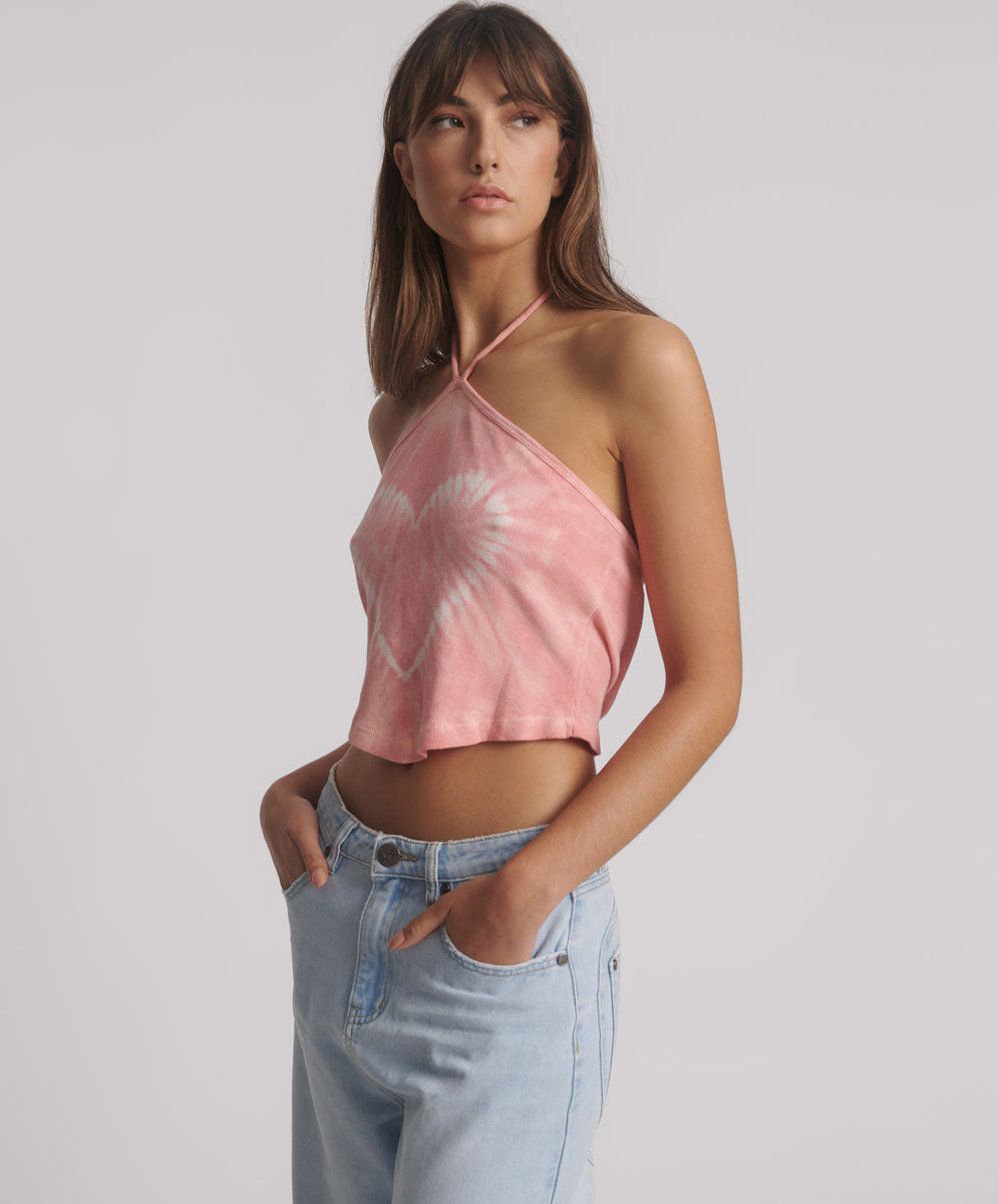 Last Stock Tie Dye Heart Cropped Halter Neck Top - Pink