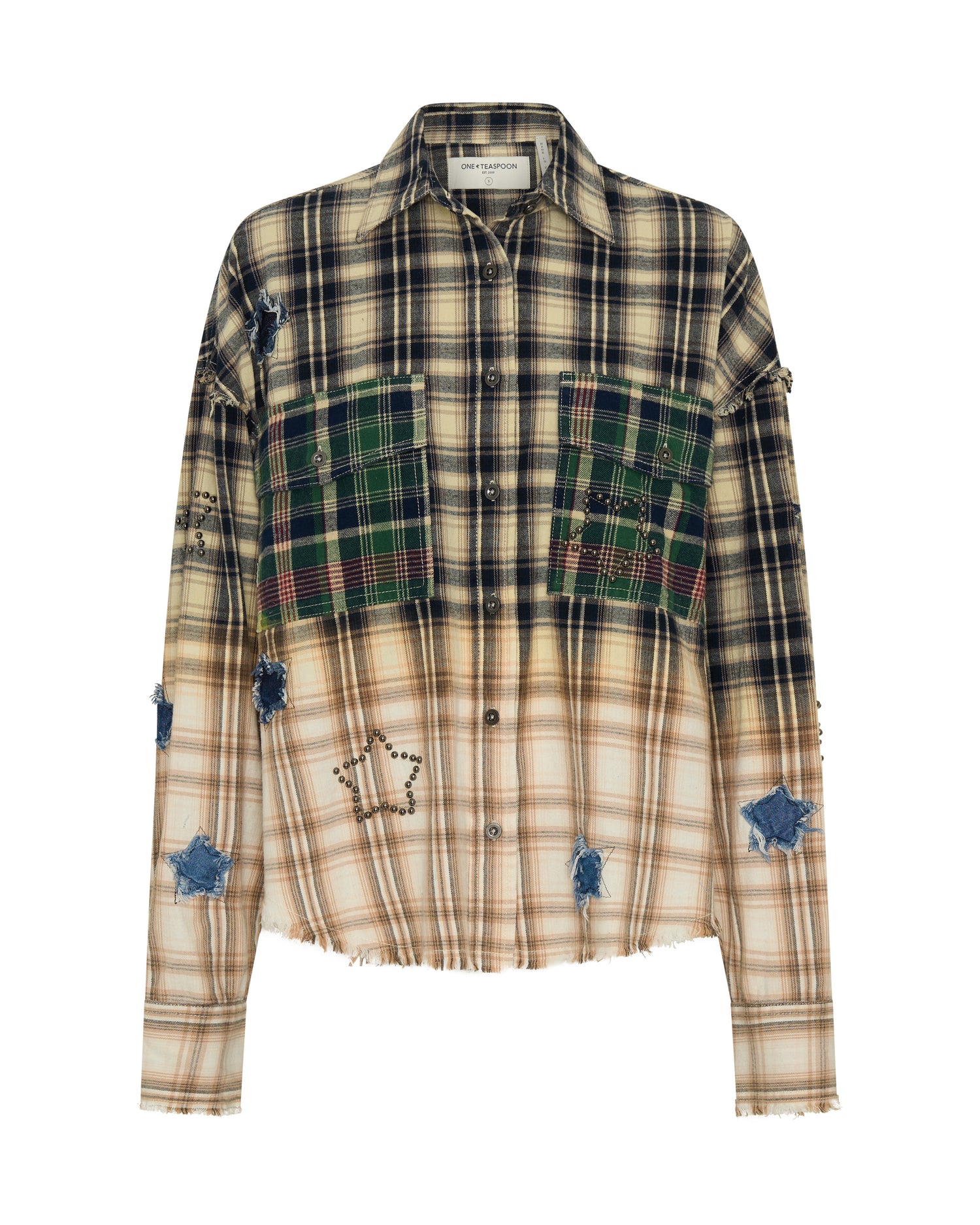 Dirty Blue Denim Flannel Star Studded Shirt - Cream Blue Check