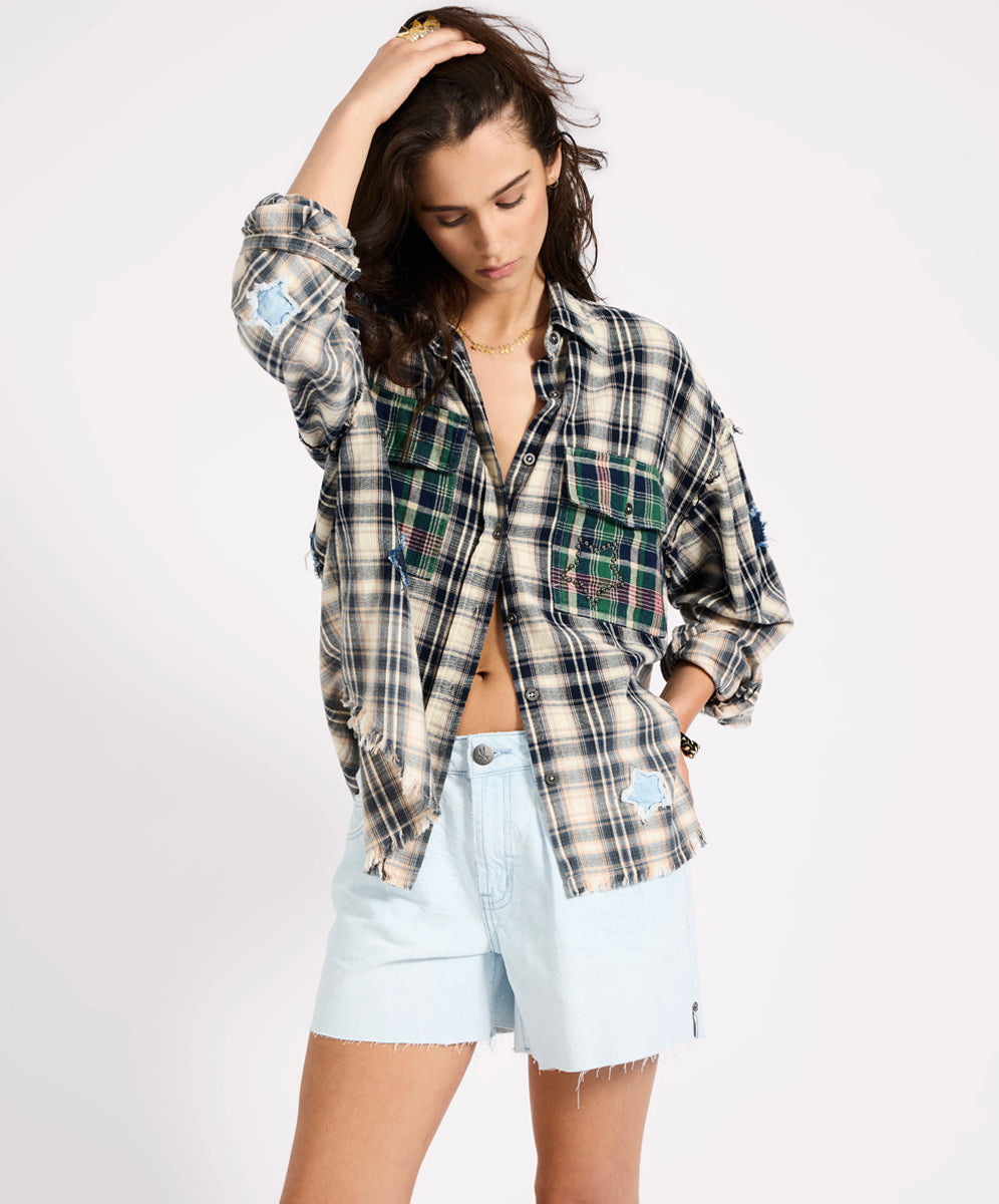 Dirty Blue Denim Flannel Star Studded Shirt - Cream Blue Check