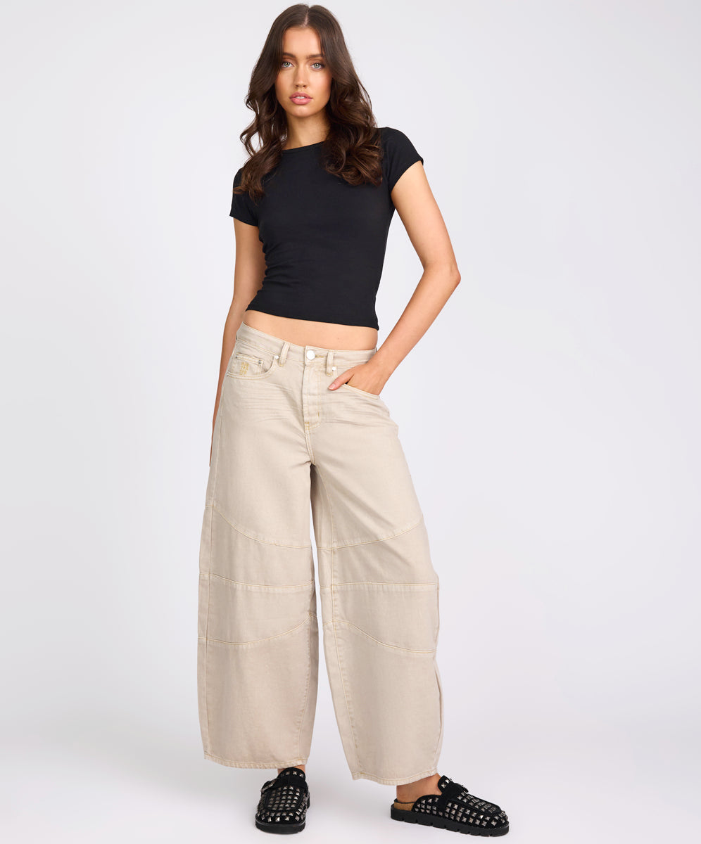 Women's Wide Leg Denim Jeans Barrel Mid Waist Wide Leg Denim Jeans - Stone