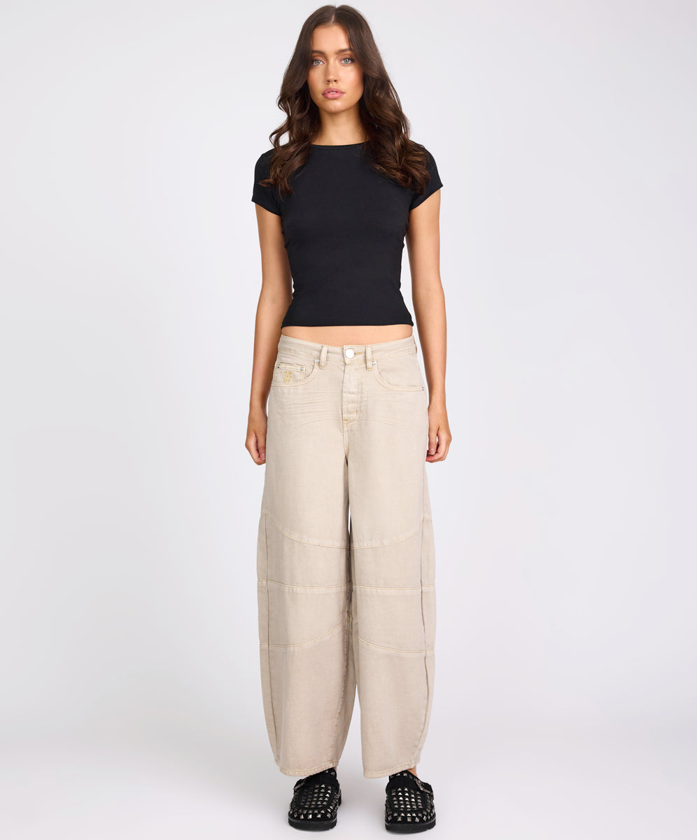 Women's Wide Leg Denim Jeans Barrel Mid Waist Wide Leg Denim Jeans - Stone