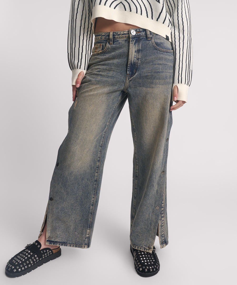 Dirty Blue Denim Billie Mid Waist Long Rise Straight Leg Denim Jeans - Old Blue