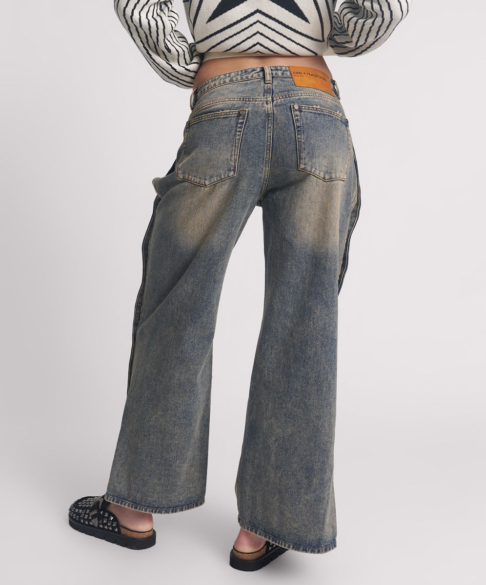 Dirty Blue Denim Billie Mid Waist Long Rise Straight Leg Denim Jeans - Old Blue