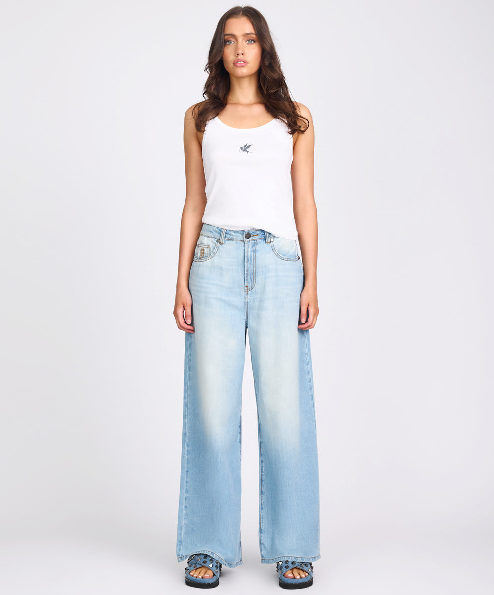 Women's Wide Leg Denim Jeans Love Machines Mid Waist Super Wide Leg Denim Jeans - Cool Blue