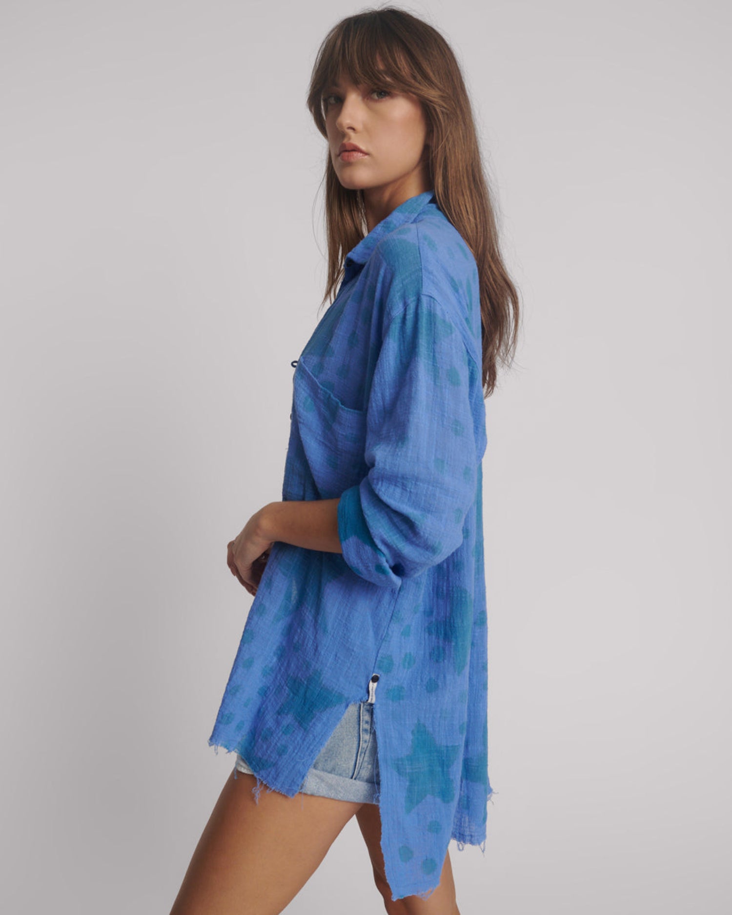 Last Stock Polka Star Hand Print Muslin Longline Shirt - Blue
