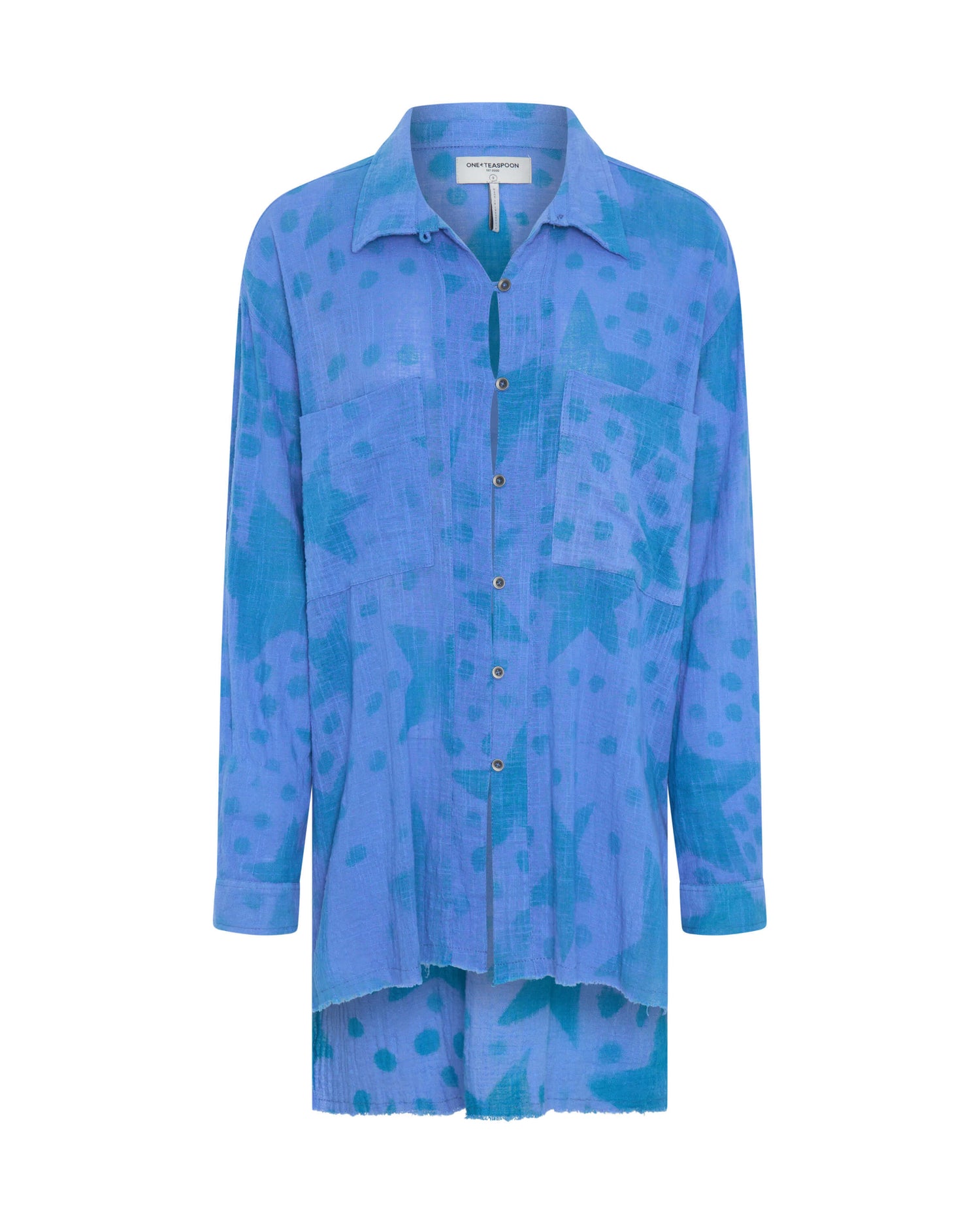 Last Stock Polka Star Hand Print Muslin Longline Shirt - Blue