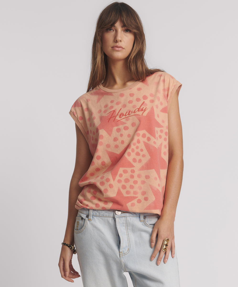 Last Stock Polka Star Hand Sprayed Howdy Unisex Tank Top - Peach