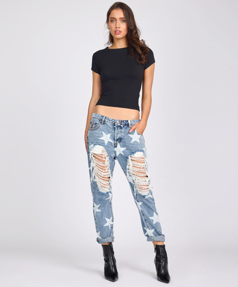 Women's Boyfriend Jeans Saints Low Waist Boyfriend Denim Jeans - Starwash Blue