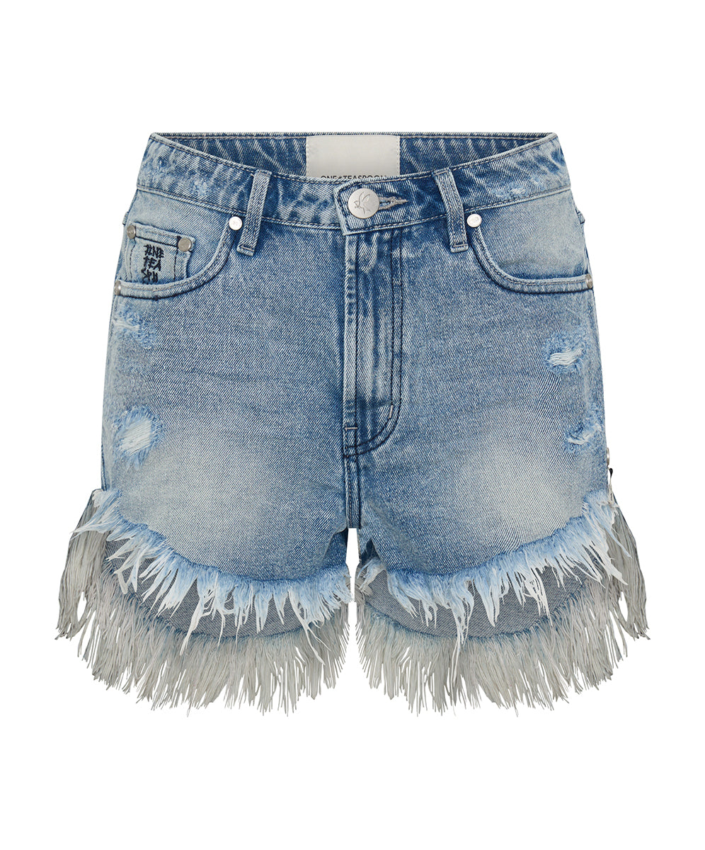 Dirty Blue Denim Outlaws Mid Waist Mid Length Denim Shorts - Salty Dog Blue