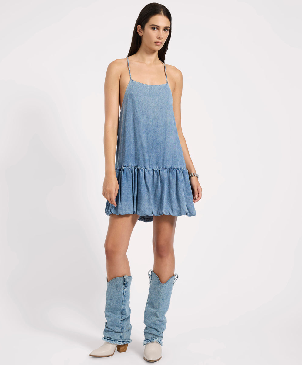 Tencel Bubble Hem Mini Slip Dress - Washed Blue