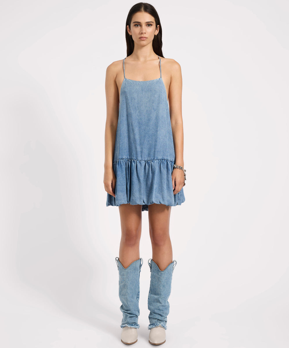 Tencel Bubble Hem Mini Slip Dress - Washed Blue