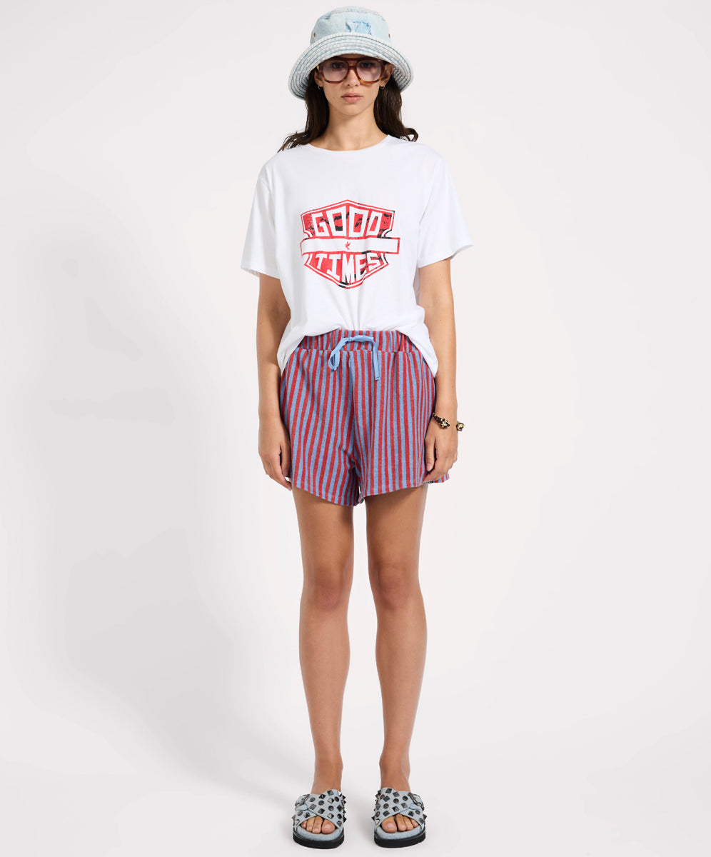 Terry Towel Drawstring Beach Shorts - Red Blue Striped