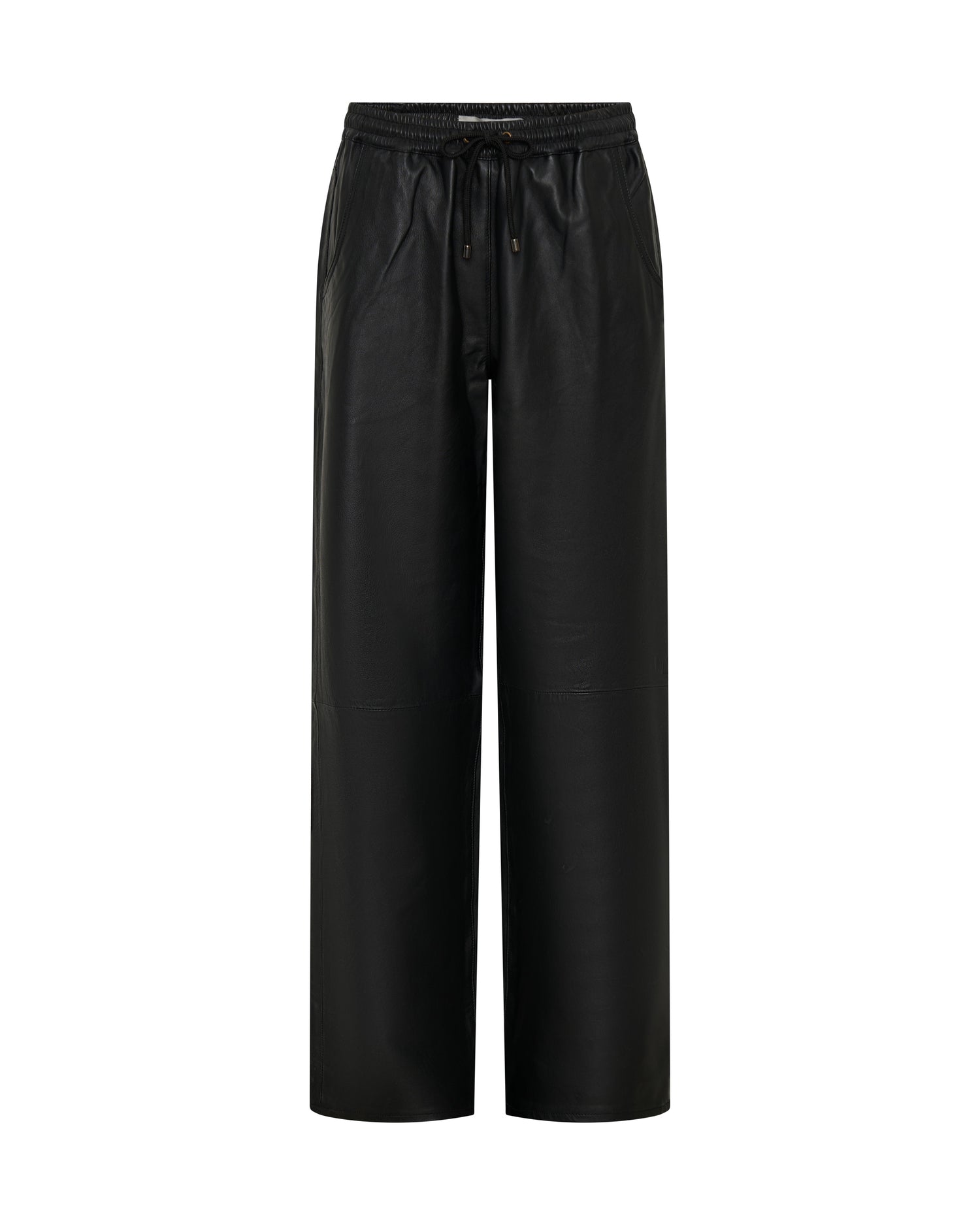 Roadhouse Mid Waist Wide Leg Drawstring Leather Pants - Black