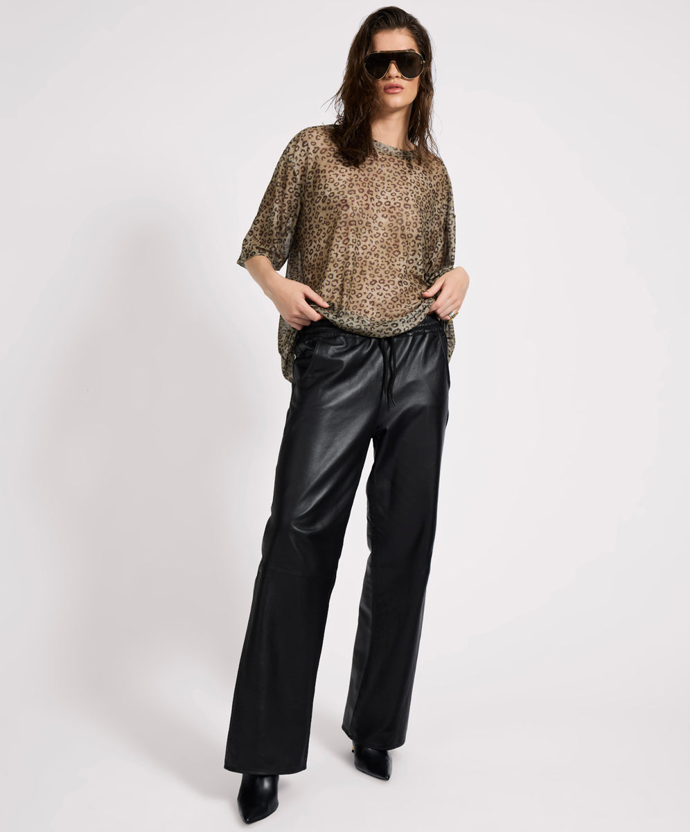 Roadhouse Mid Waist Wide Leg Drawstring Leather Pants - Black