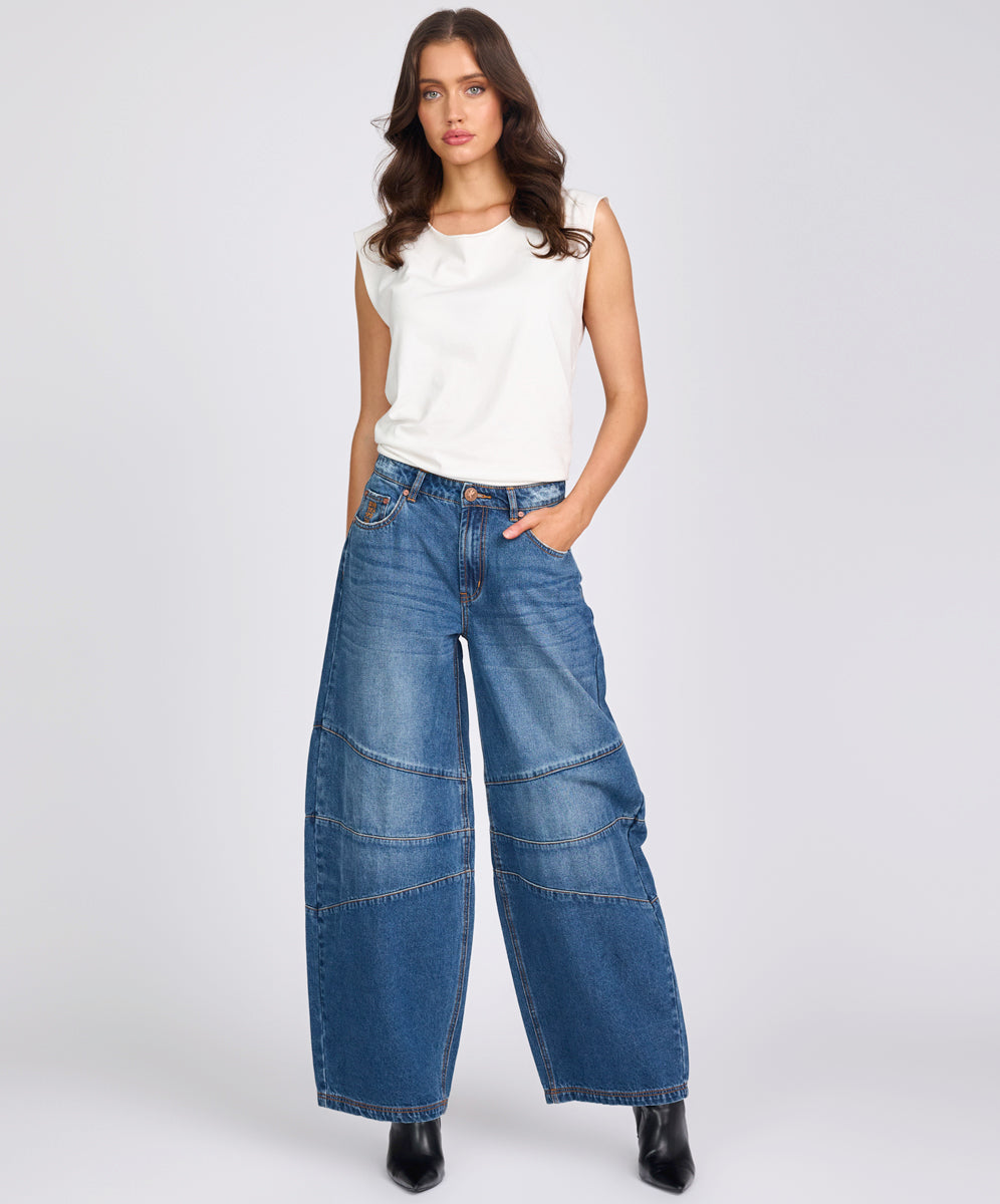 Women's Wide Leg Denim Jeans Barrel Mid Waist Wide Leg Denim Jeans - Deep Pacifica Blue