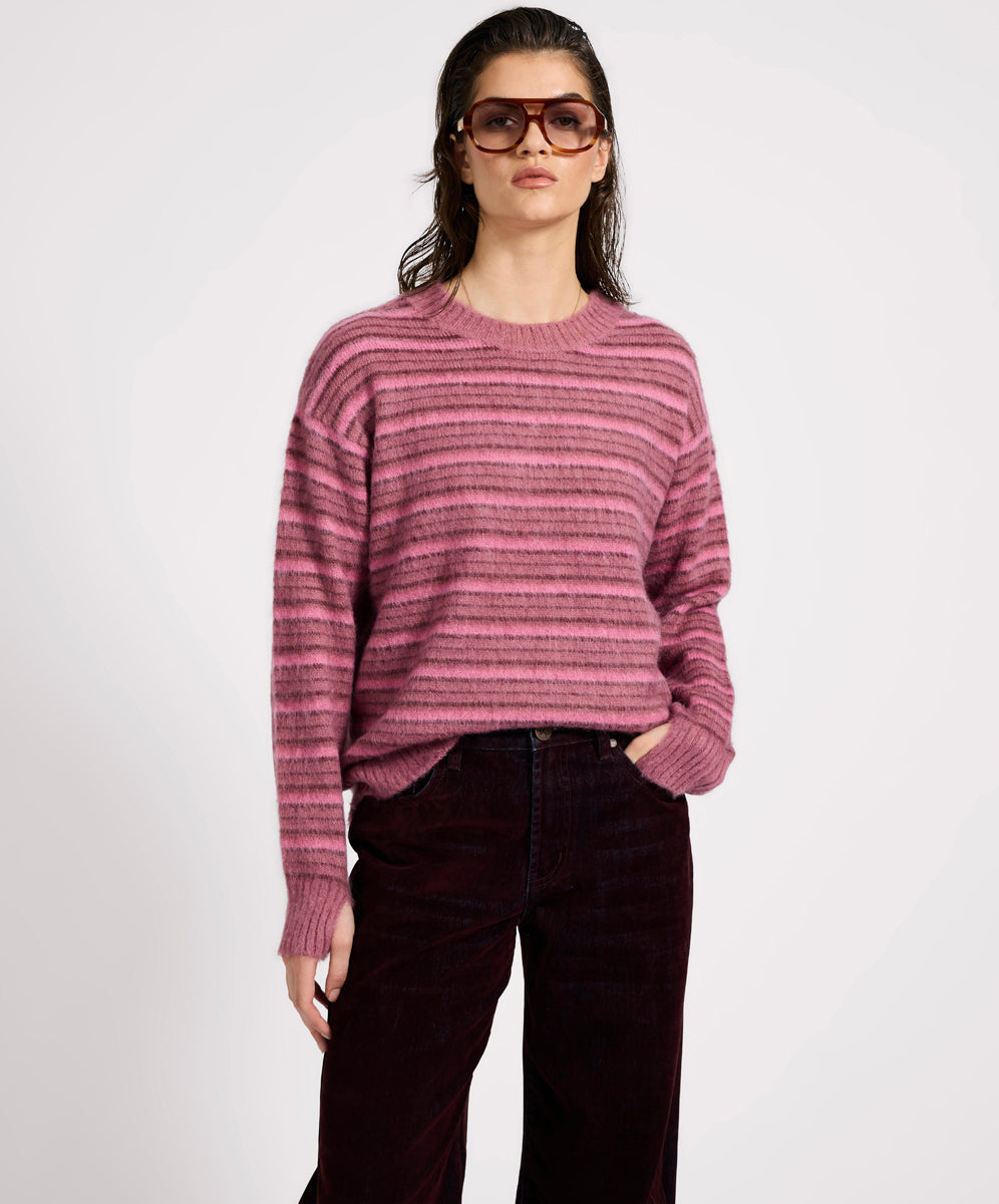 Striped Fluffy Mohair Knit Sweater - Pink Stripe